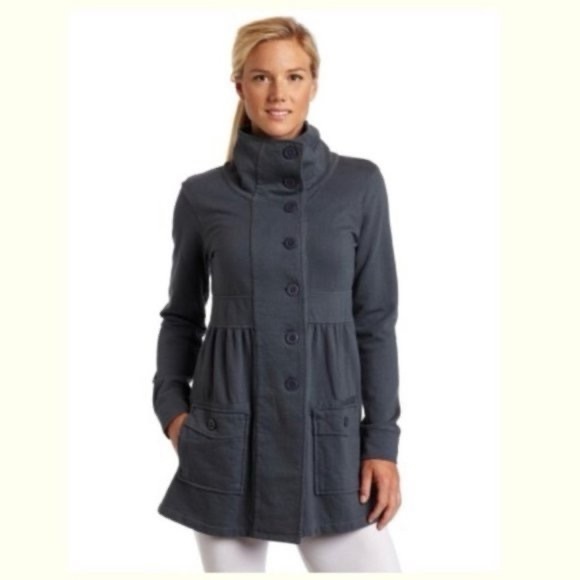 prAna Breathe Sylvie Jacket Gray Pea Coat w/ Purple Buttons (Size Small) - Picture 2 of 16